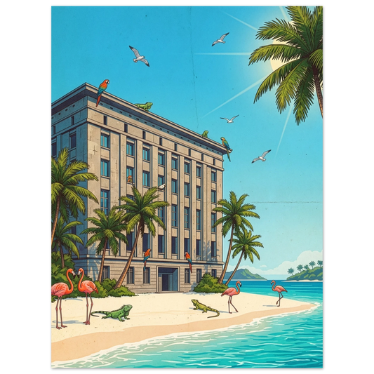 The Berghain Fusion Beach Poster – Tropical Bahamas Vibes features a large gray building on a sunny beach, surrounded by palm trees, flamingos, iguanas, parrots, and seagulls against an ocean backdrop—perfect tropical wall art.