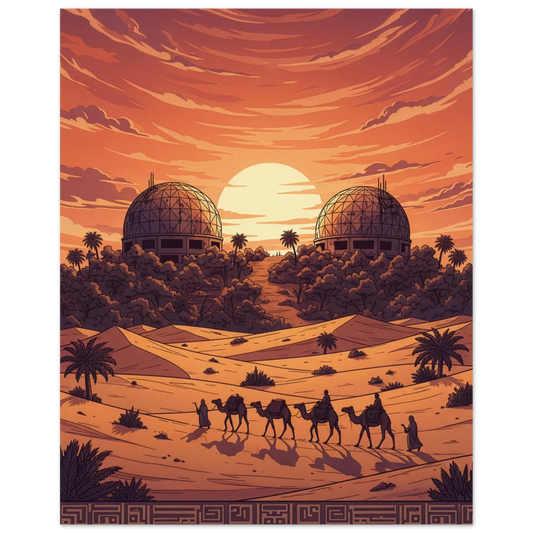 Desert scene with domed buildings, palm trees, and a caravan under an orange sunset.