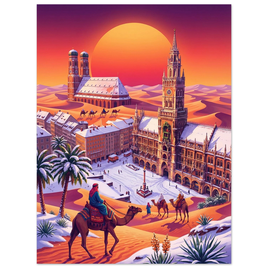 The Stunning MarienPlatz Poster – Sahara Sunset with Snowy Frauenkirche Backdrop features surreal camel riders crossing desert dunes blending into a snowy cityscape, palm trees, and Gothic landmarks aglow beneath a vivid sunset—perfect wall decor.