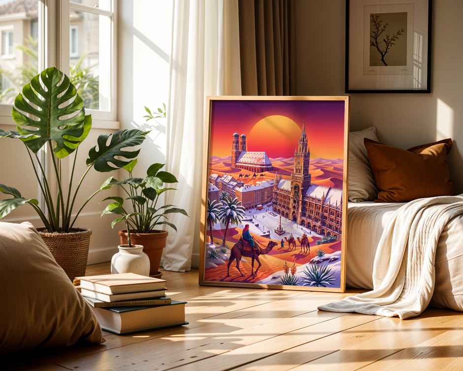 Enhance your space with the Stunning MarienPlatz Poster—Sahara Sunset and Snowy Frauenkirche backdrop—perfect modern decor for cozy living rooms filled with plants, books, and sunlight.