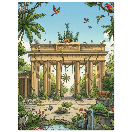 The Brandenburger Tor Poster – Sunny Day in Madagascar blends Berlin’s iconic gate with vibrant jungle scenes and exotic animals, creating standout fusion wall decor for those seeking a unique art print.