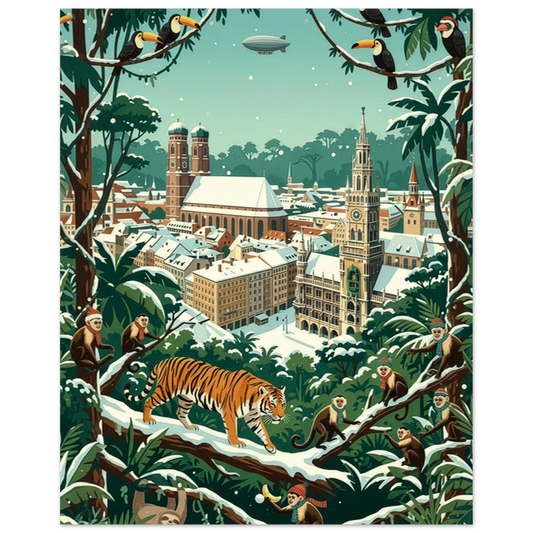 The Marienplatz Poster—Amazons Jungle Vibes with Zeppelin Over the City—shows a historic cityscape surrounded by jungle, with monkeys, a tiger on snowy branches, toucans above, and a zeppelin drifting in the sky.